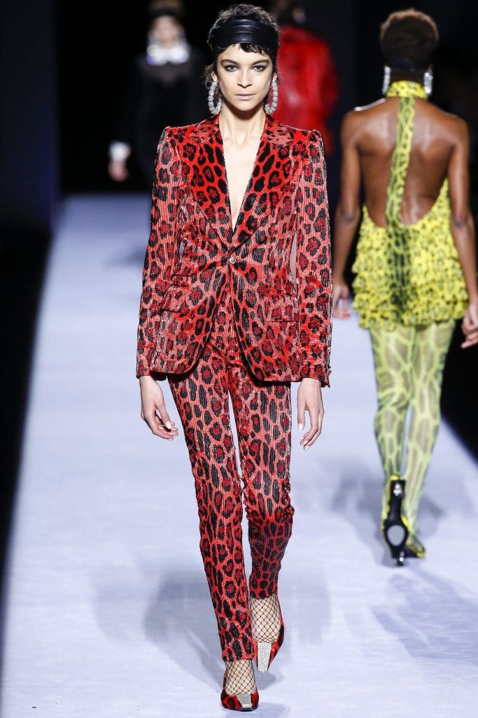 Red leopard print jacket and skinny slacks from the Tom Ford fall 2018 collection, which debuted at New York Fashion Week.