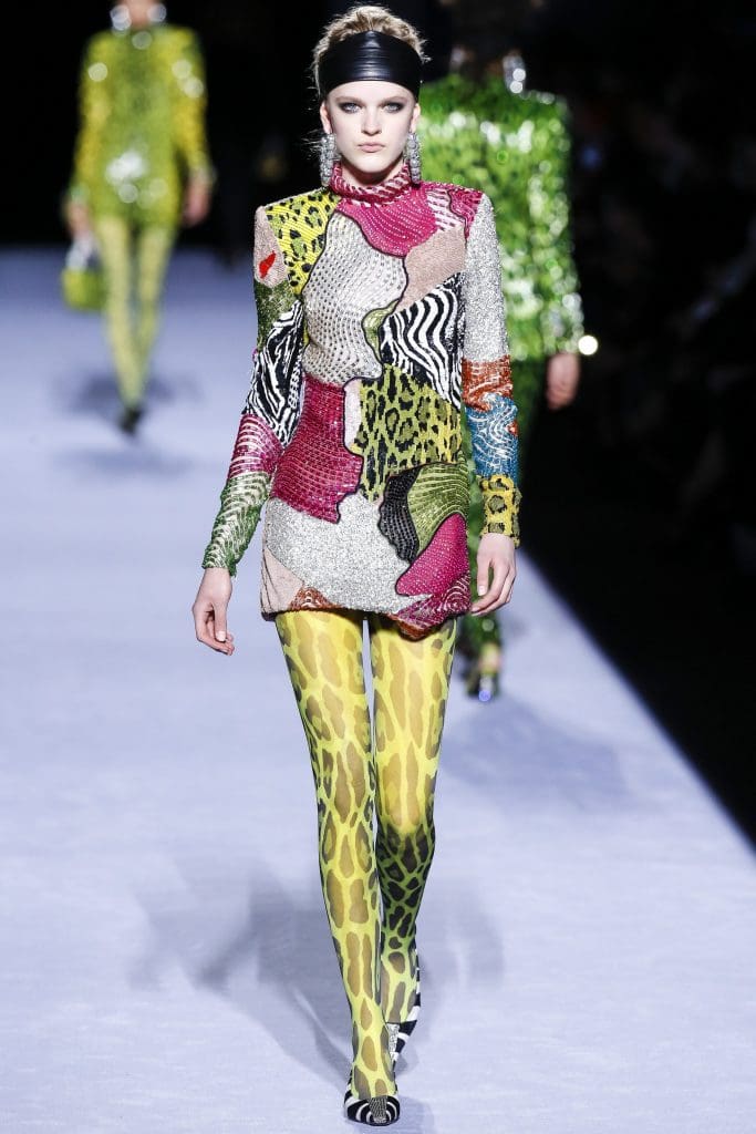 Tom Ford's fall 2018 collection at New York Fashion Week had an '80s flashback with colorful leggings and bright tops.
