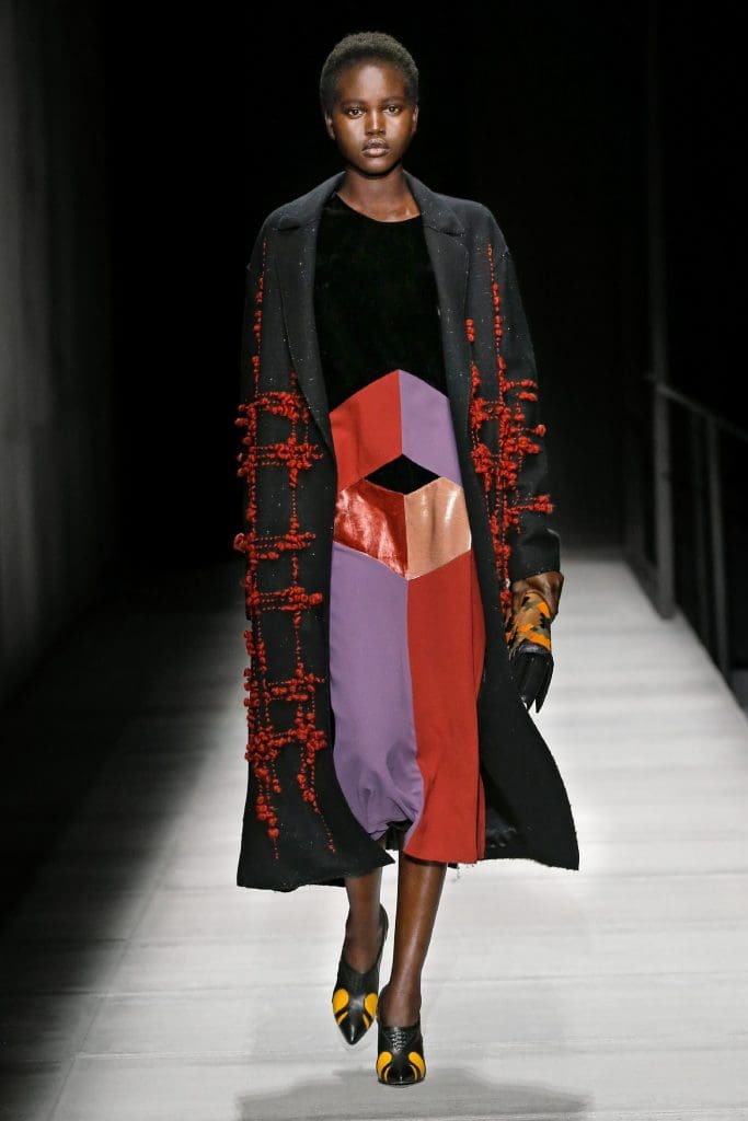 Bottega Veneta geometrical print dress and coat.