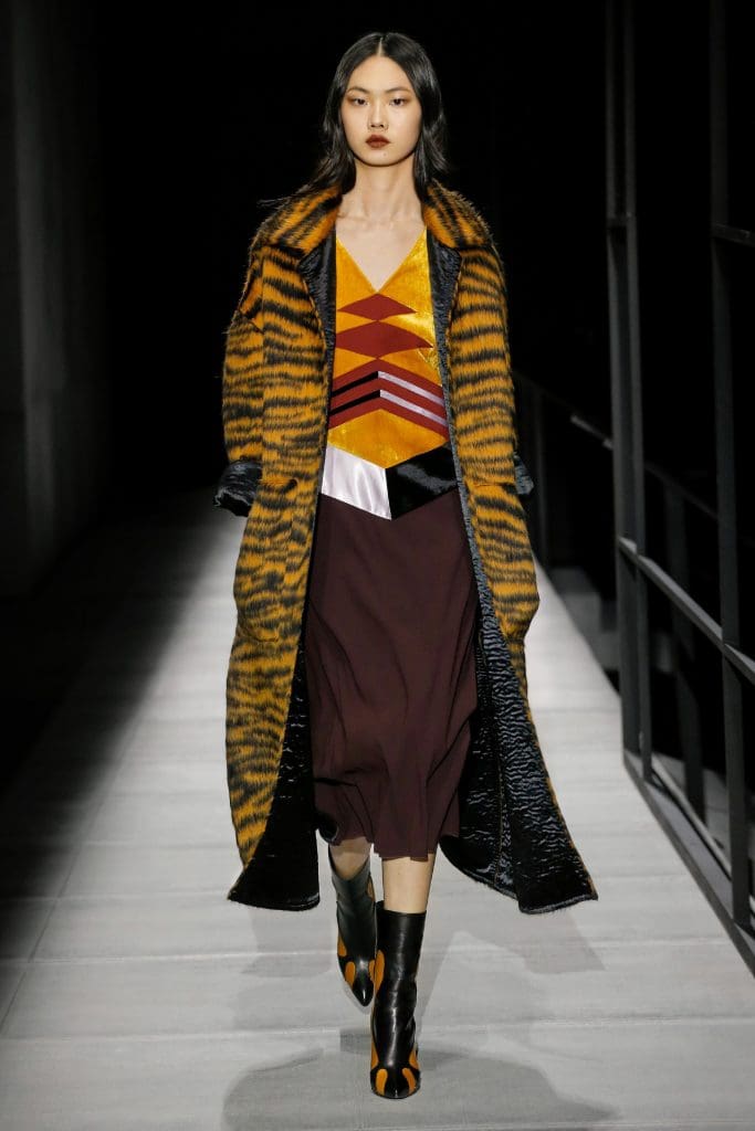 Bottega Veneta geometric multi-color dress and tiger print coat.