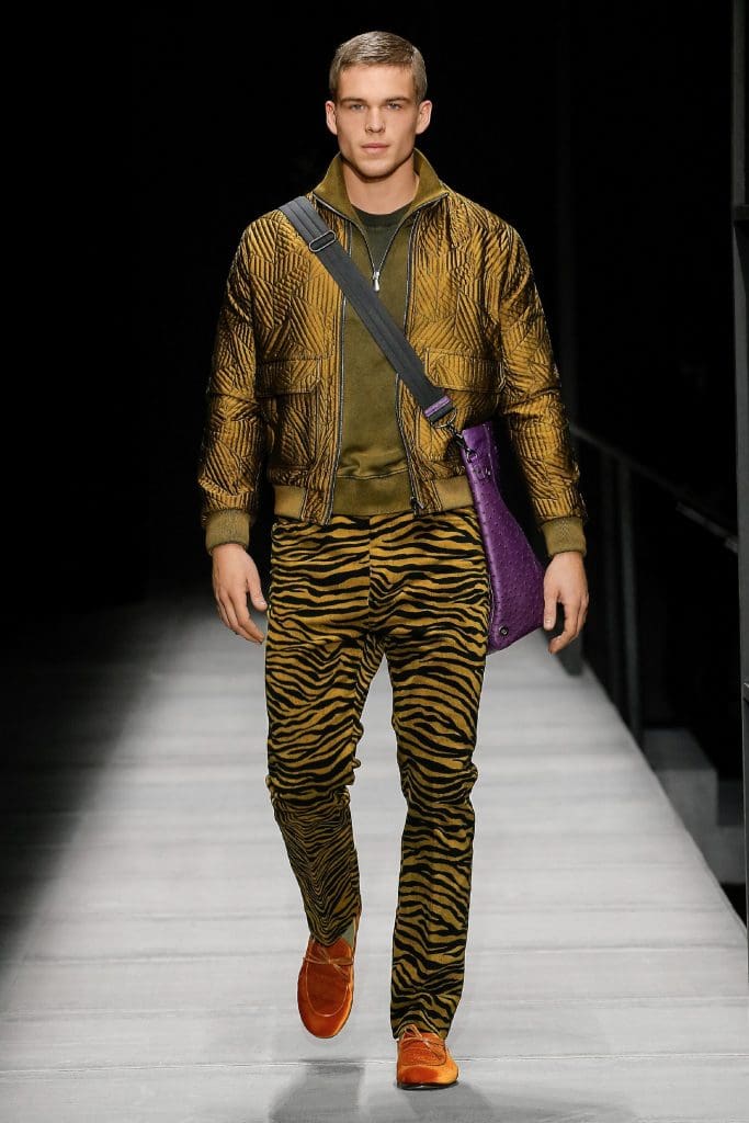 Bottega Veneta men's tiger print pants, quilted jacket, zip-up shirt.