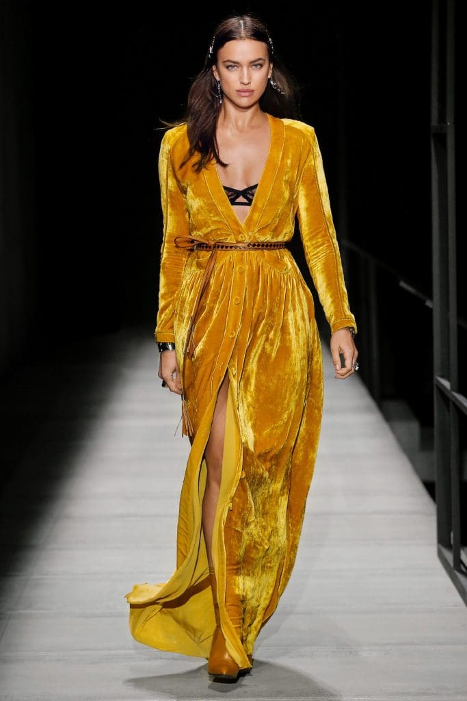 Bottega Veneta gold velvet gown.