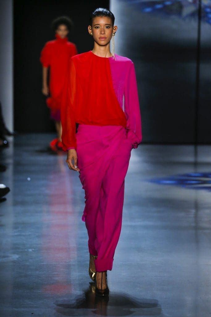 Prabal Gurung orchid silk crepe back satin blouse with scarlet silk chiffon drap overlay, orchid crepe straight leg cuffed trouser with sarong drape chiffon overlay.