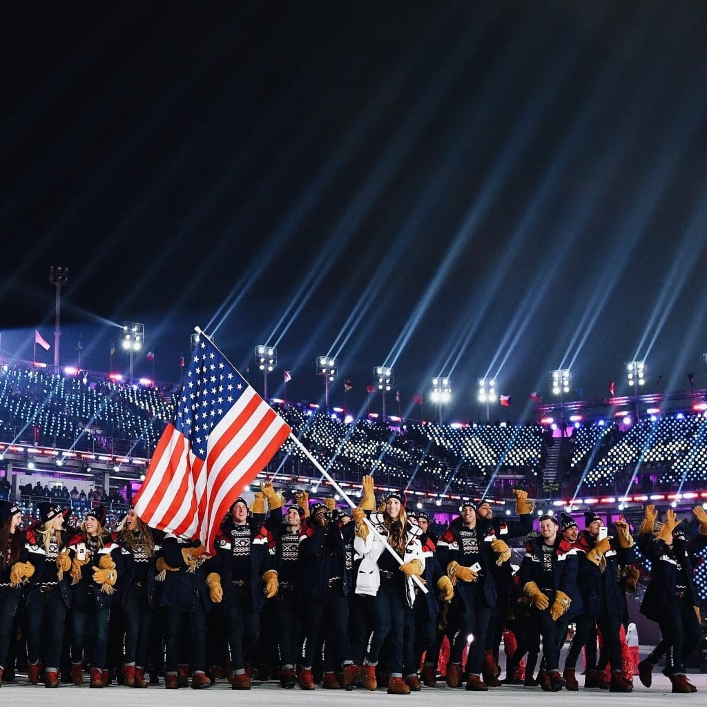 Team USA in Ralph Lauren outfits at opening of Winter Olympics in Korea. Photo by Matthias Hangst/Getty Images.