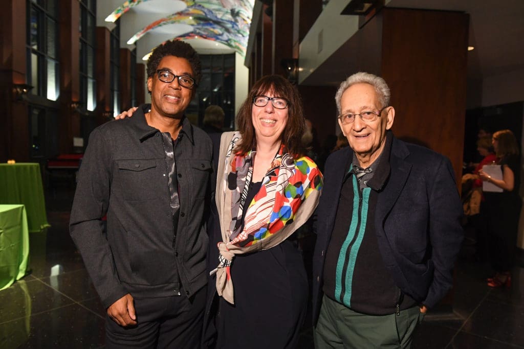 Artist and University of Houston professor Rick Lowe, Museum of Fine Arts, Houston curator Alison de Lima Greene, and Frank Stella. Stella was saluted for the 20th anniversary of his commission for UH Moores Opera House in 2018.