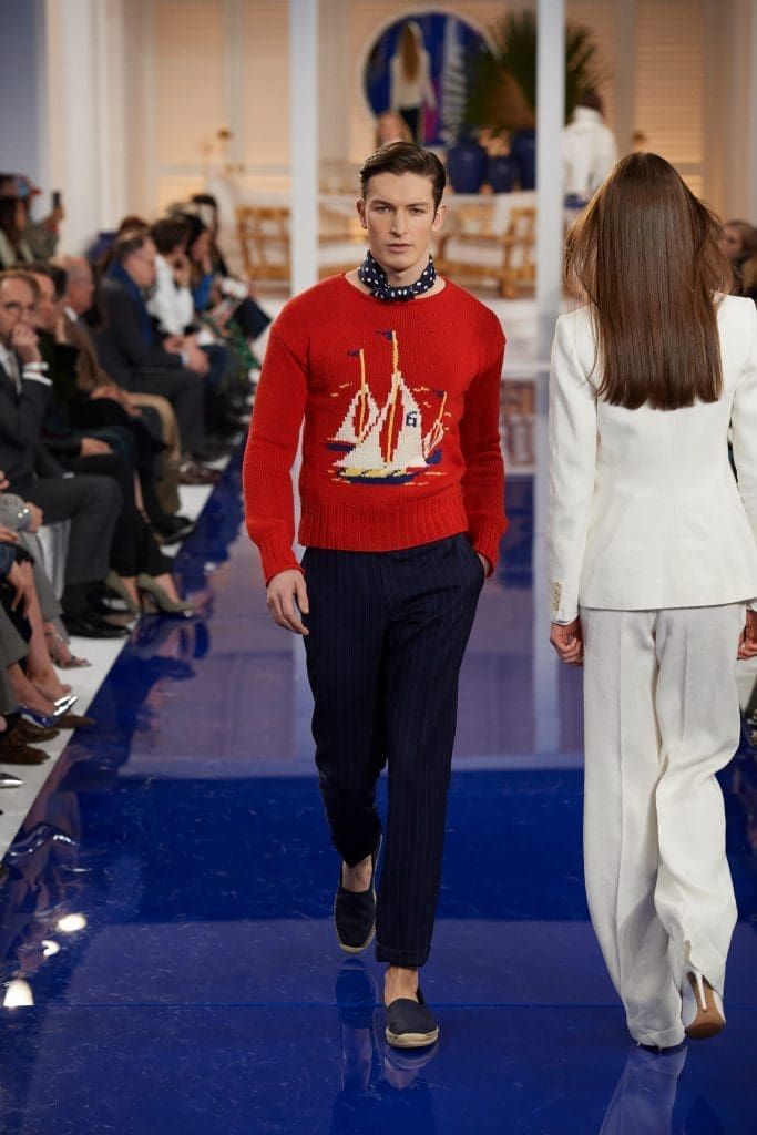 Ralph Lauren red sailboat cotton sweater, navy and white wool pinstripe pant navy and white silk scarf, navy canvas espadrille.