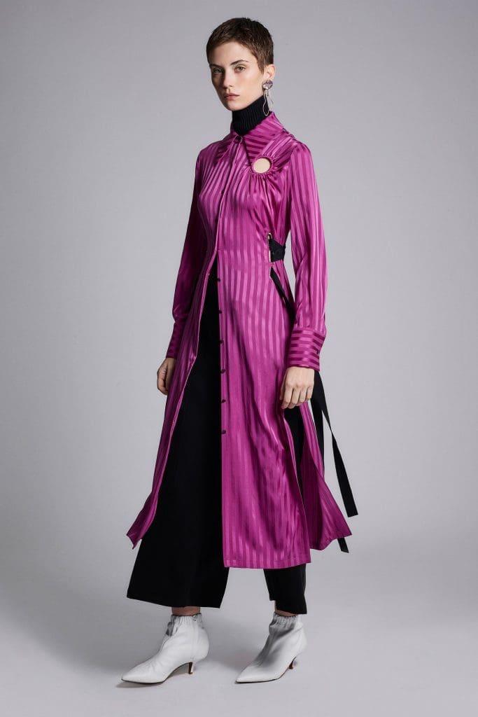 Yigal Azrouël  fuchsia dress/coat with ribbon detail.