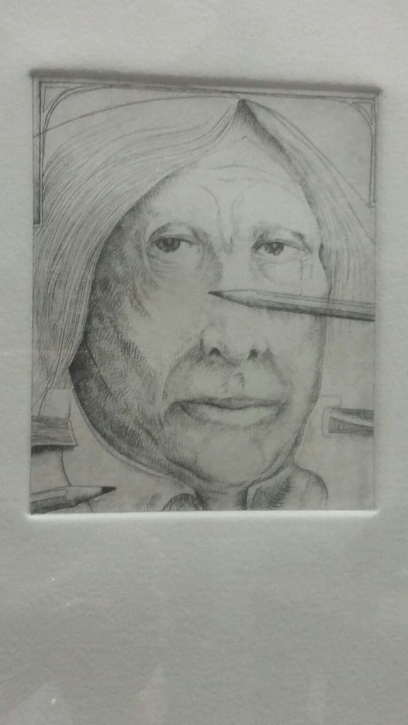 A Lucas Johnson work on paper, one of several works by the late Texas painter in the Lewis & Maese Auction of the Bart Truxillo estate. Johnson was a Heights neighbor and recipient of Texas Artist of the Year honors in 1996.