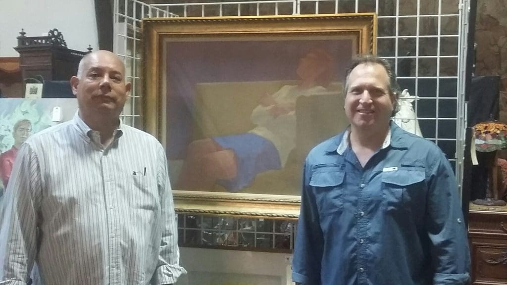 Ernest Maese and David Lewis with an early William Anzalone figurative canvas, from the estate of Bart Truxillo. The Houston auction house is continuing its tradition of auctioning significant art-world estates. (Another recent auction featured the collection of the late Jesús Moroles.)