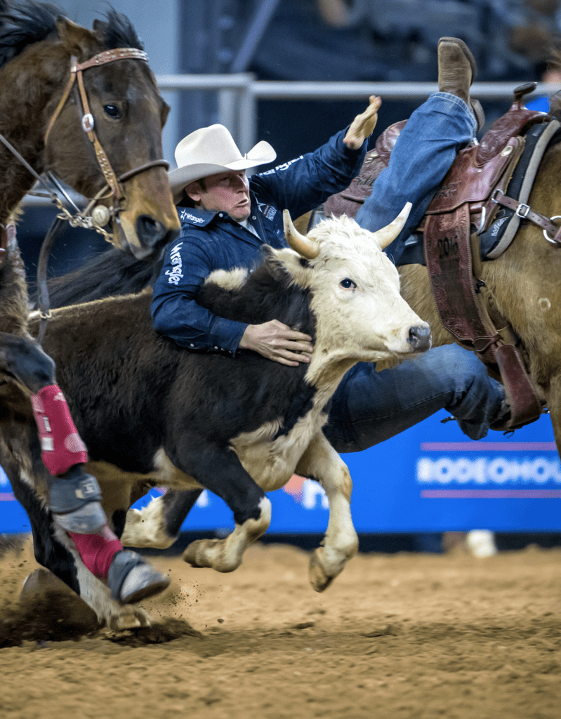Blake Knowles loves the adrenaline rush of steer wrestling. Photo courtesy of Houston Livestock Show & Rodeo.