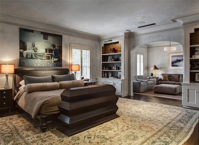 The master suite includes a private sitting area and his-and-hers bathrooms. 