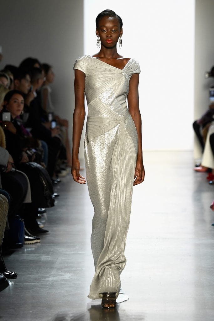 NEW YORK, NY - FEBRUARY 08:  A model walks the runway for Tadashi Shoji during New York Fashion Week: The Shows at Gallery I at Spring Studios on February 8, 2018 in New York City.  (Photo by Frazer Harrison/Getty Images for Tadashi Shoji)