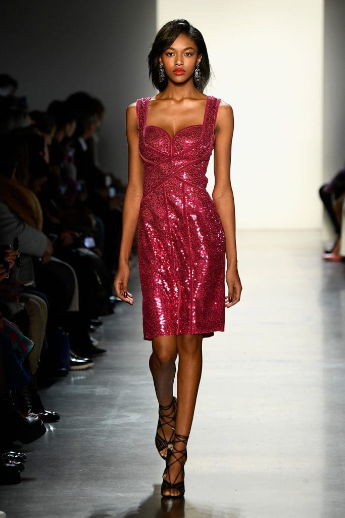 NEW YORK, NY - FEBRUARY 08:  A model walks the runway for Tadashi Shoji during New York Fashion Week: The Shows at Gallery I at Spring Studios on February 8, 2018 in New York City.  (Photo by Frazer Harrison/Getty Images for Tadashi Shoji)