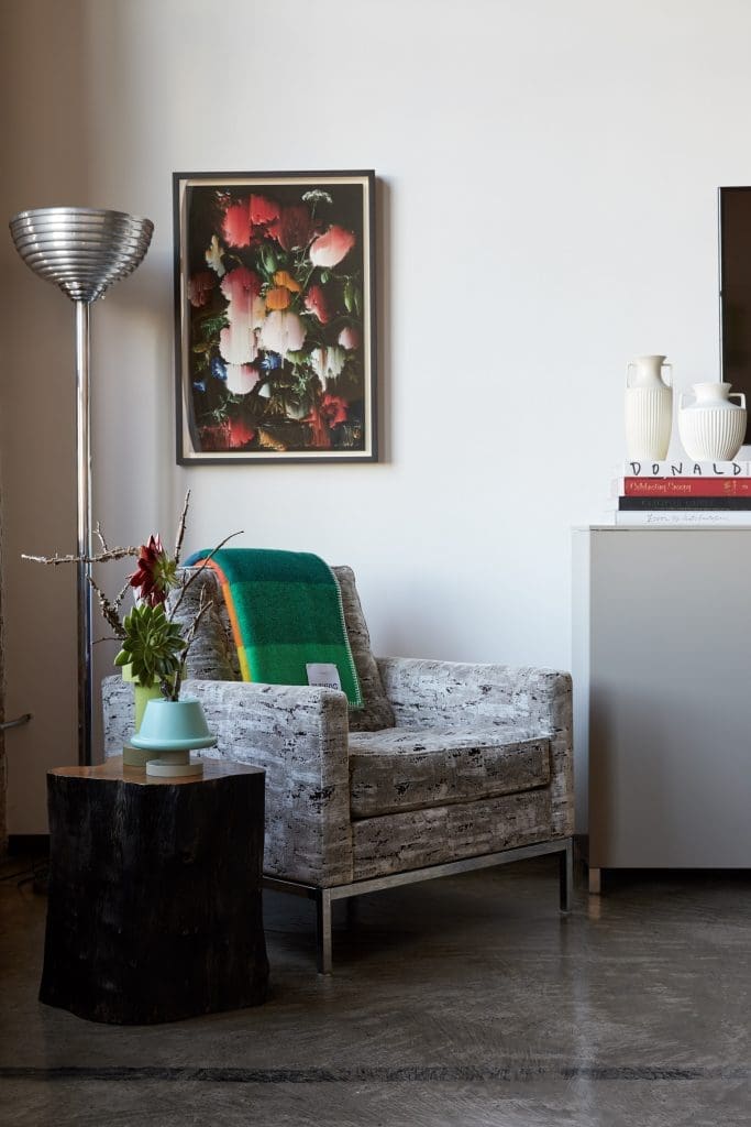 Knoll Club Chair from Regeneration, New York. Ettore Sottsass vases for Marutomi. Aluminum torchière, circa 1930s. Gordon Cheung’s "Jan Davidsz. De Heem II (Small New Order)", 2015, from Alan Cristea Gallery, London.