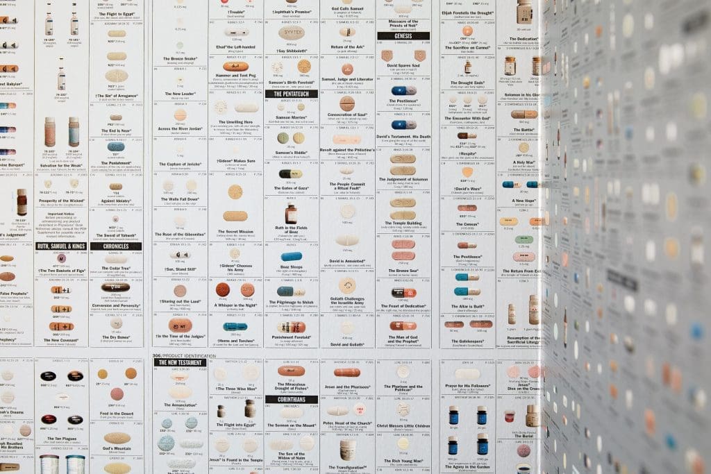 In the powder bath, Damien Hirst’s limited-edition "Pharmacy Wallpaper".