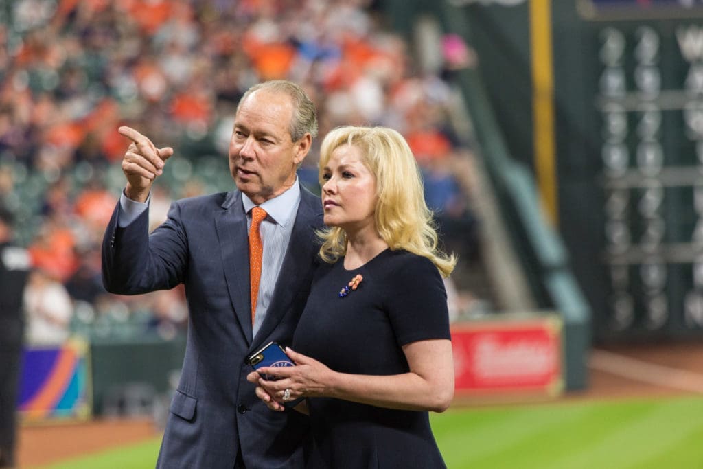 Houston Astros owner Jim Crane and his wife Whitney Wheeler enjoy a moment during the ring ceremony.