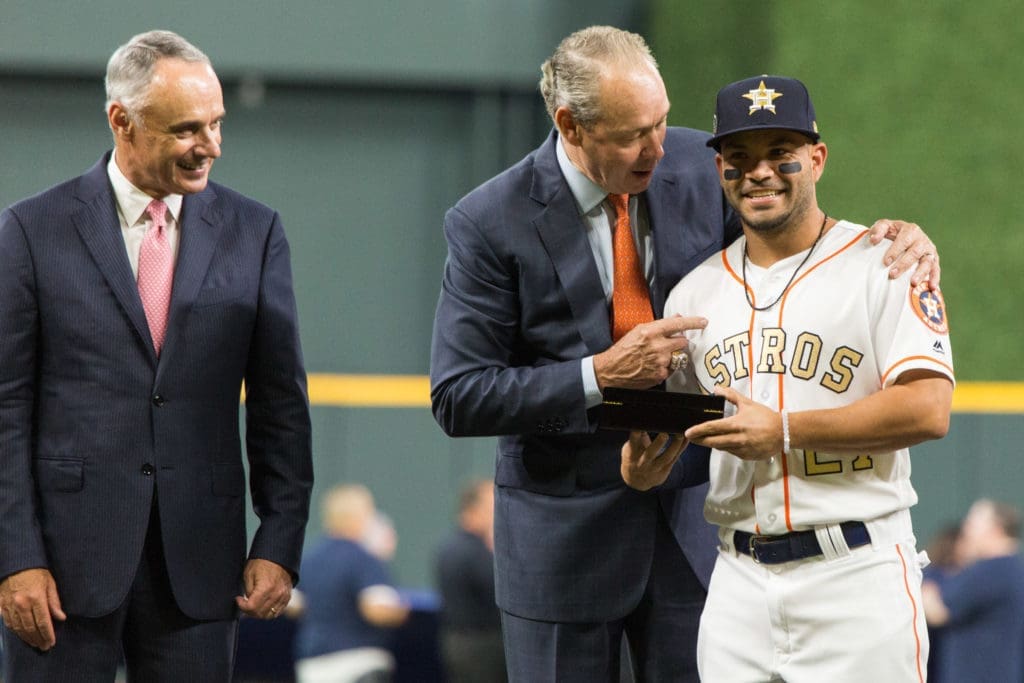 Jose Altuve drove the Astros to a championship ring and Astros owner Jim Crane didn't let him forget it. (Photo by F. Carter Smith.)