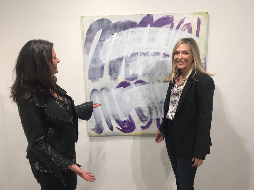San Antonio art consultant Jana Cothren (left) of 3C Art Advisory and her client, Dallas fashion designer Finley Moll stopped by the Inman Gallery booth to admire a canvas by Houston-based painter and Core Fellow alum Dana Frankfort.