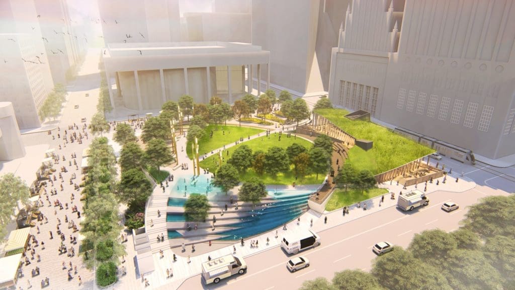 The new Jones Plaza will be much different (and actually welcoming) as this rendering from Rios Clemente Hale Studios shows.