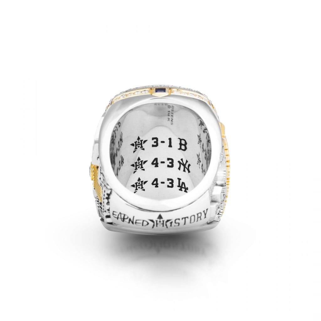 The inside of the Houston Astros' World Championship ring features the series tallies of their playoff run.