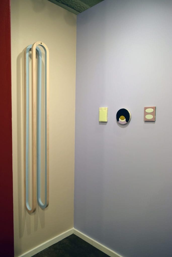 Works by Ryan Goolsby and Bret Slater against the painted walls of Liliana Bloch Gallery. The Dallas gallerist took a chance and exhibited for the first time at the Dallas Art Fair.