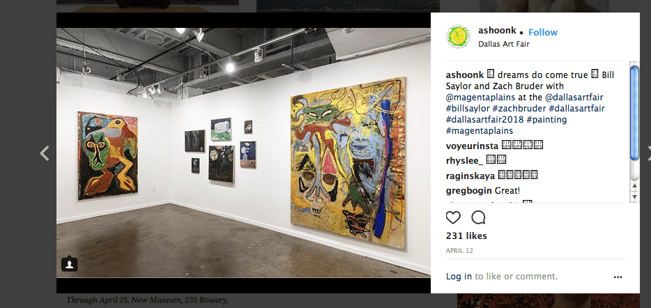 Magenta Plains at the Dallas Art Fair showing paintings hung salon style by Zach Bruder bracketed by a pair of Bill Saylor canvases. 