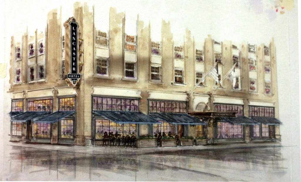 Magnolia Lodging, the hotel's new owner, has enlisted Dallas designer David Cadwallader of Cadwallader Design to reimagine The Lancaster's interiors and exteriors. Here, a rendering of the new restaurant's patio seating.