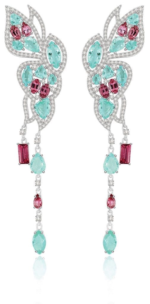 Sutra's Butterfly Earrings in Paraiba and Pink Spinel are designed with specific left and right ears in mind.