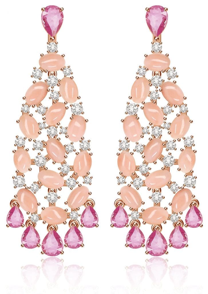 Sutra's use of colored stones is exemplified by this pair of coral and pink sapphire earrings.