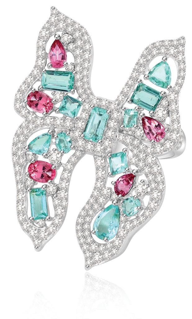 Sutra's Tilted Wings Paraiba and spinel Butterfly ring. The butterfly motif frequently appears in their collections, and alludes to the abundance of butterflies in the many gardens of India.