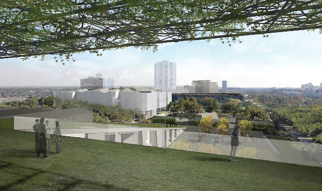 View of the Susan and Fayez S. Sarofim Campus from the BBVA Compass Roof Garden of the Glassell School of Art (All renderings courtesy Steven Holl Architects)