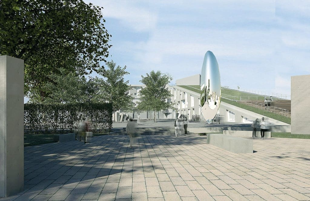 The walkable roofline of the Glassell School of Art. Foreground, the Brown Foundation, Inc. Plaza, devised by Deborah Nevins & Associates, in collaboration with Nevins & Benito Landscape Architecture.
