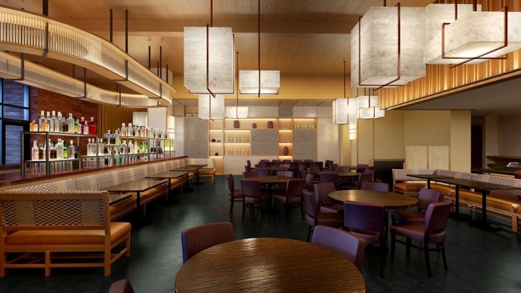 Nobu's aesthetic is white oak, intimate lighting, Italian flooring and Japanese influences. 
