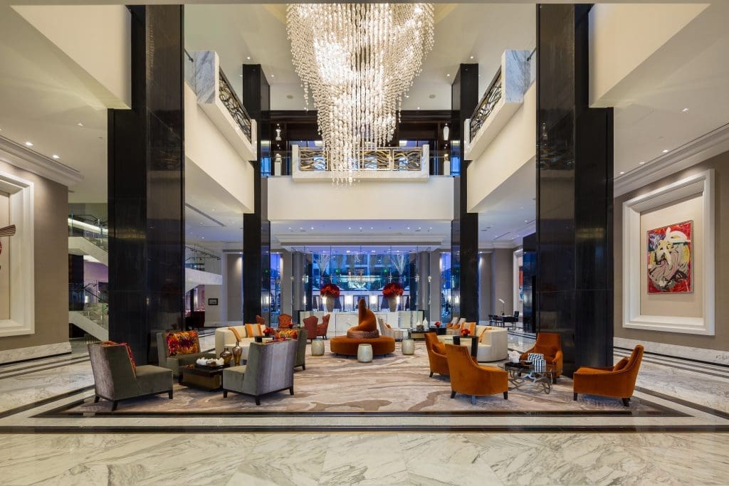 The Post Oak Hotel lobby is a dramatic setting.