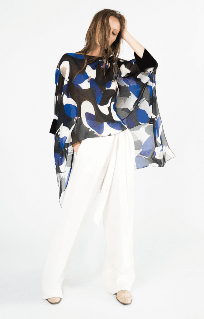 Daniel Wingate patterned blouse and white trousers