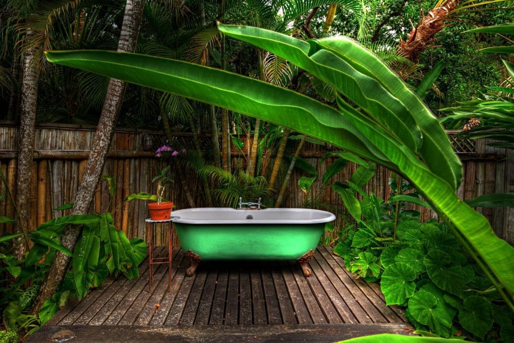 An outdoor bathtub at GoldenEye