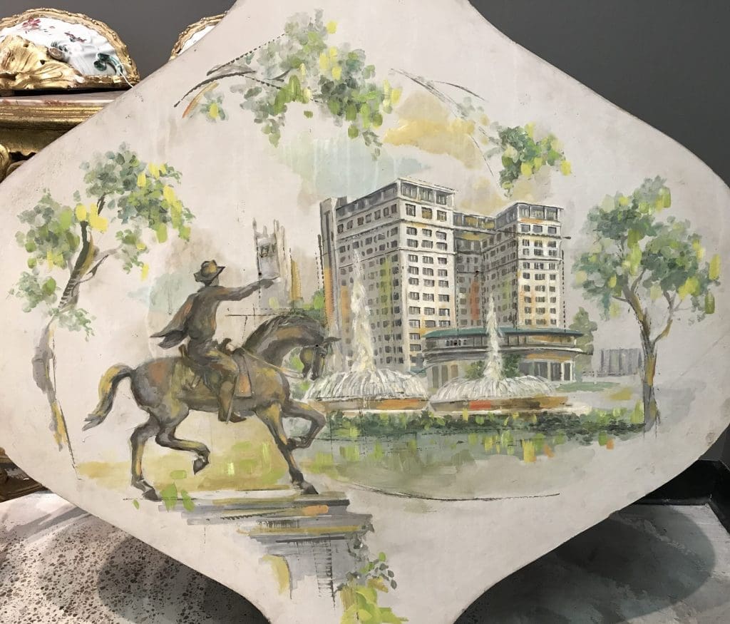 The Mecom Fountain and the Warwick were captured by a circa 1960s artist whose work was unsigned. Collection Mickey Rosmaring, offered at the retailer's upcoming estate sale.