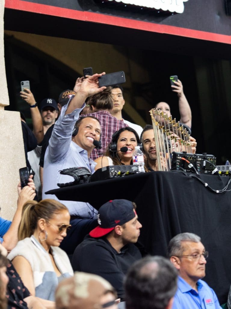 Alex Rodriguez and Jessica Mendoza enjoyed a selfie moment in the Sunday Night Broadcast "booth."