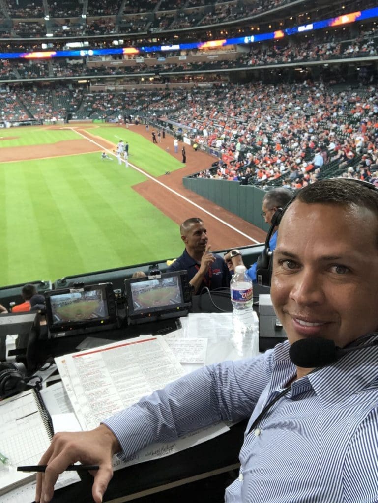 Alex Rodriguez broadcast the Sunday Night Baseball Game from the Minute Maid Park stands. And kept JLo close by. (@ARod)