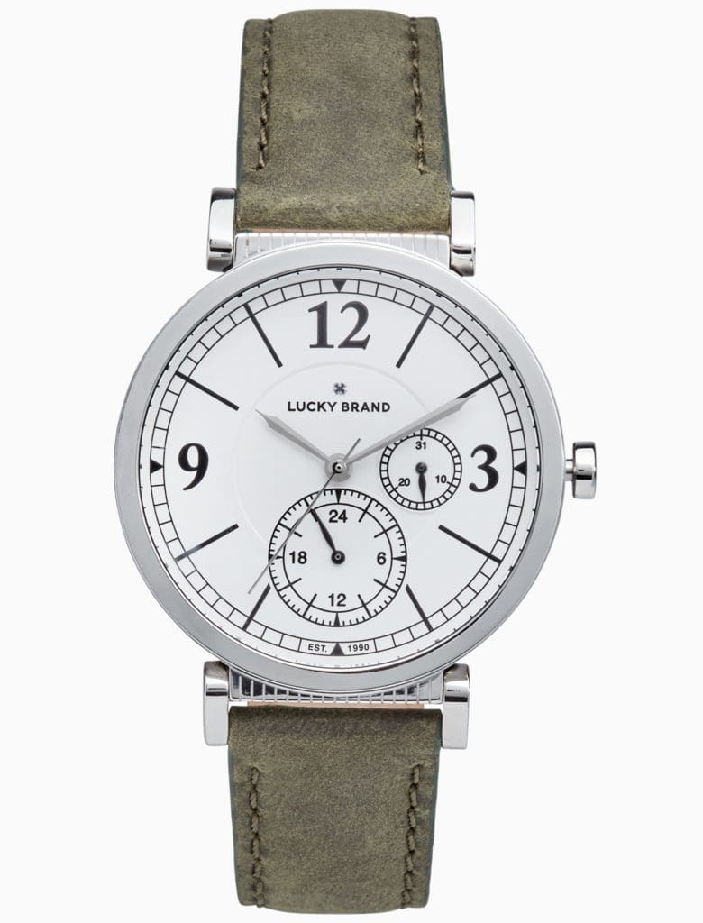 A sleek white face with a worn-in green band, adding the vintage spirit