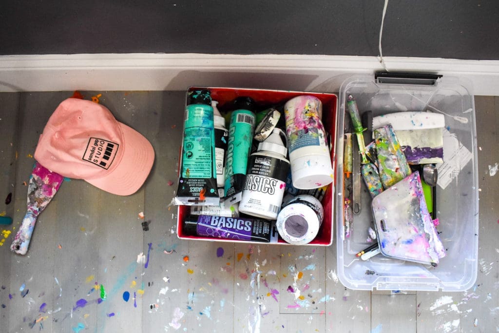 Sevy's whole studio is splattered with paint from floor to ceiling! (Photo Miranda Proctor)