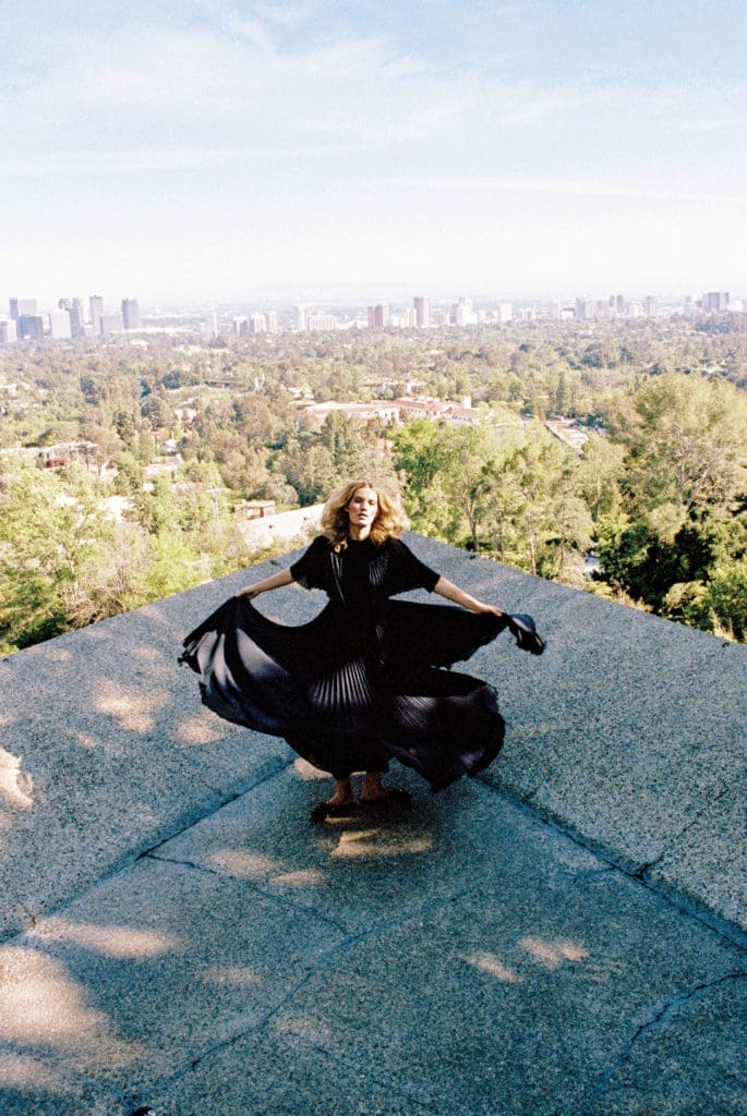 An edge of the floating pool deck overlooks Century City.  (Photo by Enmi Yang )