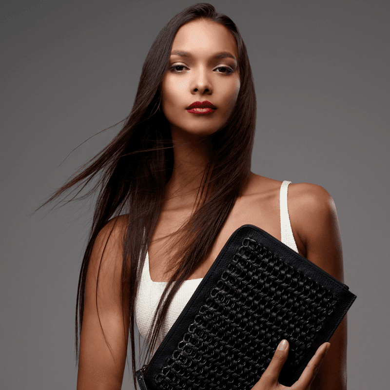 Bottletop's Luisa clutch, designed by Narciso Rodriguez is made out of sustainable leather and upcycled metal tabs.