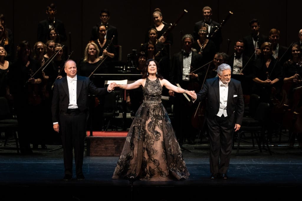 Patrick Summers, Ana María Martínez, Plácido Domingo with the Houston Grand Opera orchestra at the HGO & Placido Coming Home Gala after Hurricane Harvey repairs. 