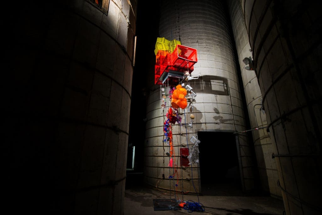 Jessica Stockholder’s "Strings Attached Too," 2015, at SITE Gallery, The Silos at Sawyer Yards (Courtesy Kavi Gupta Gallery, Chicago. Photo Nick Sanford)