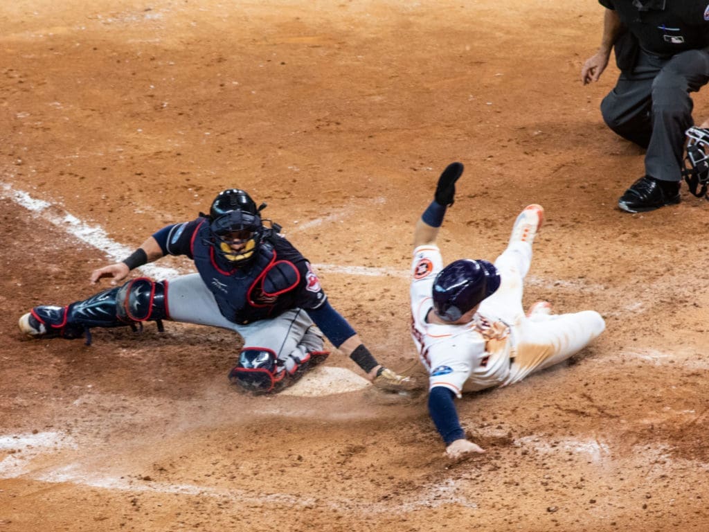 Alex Bregman beat the tag to score the go-ahead run from first base in the sixth and then later homered. Again. (Photo by F. Carter Smith.)