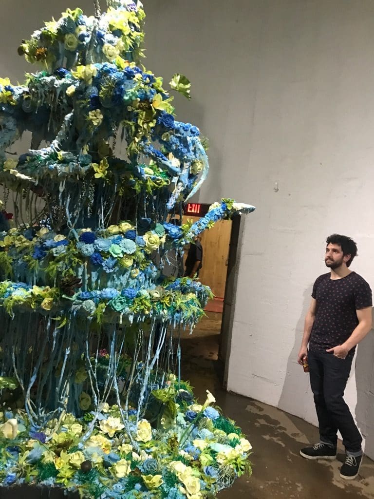 Alan Mur takes in Ann Wood's towering frosted fountain at opening night of "Peak Shift" at SITE Gallery, at The Silos. (Photo Cindy Lisica) 