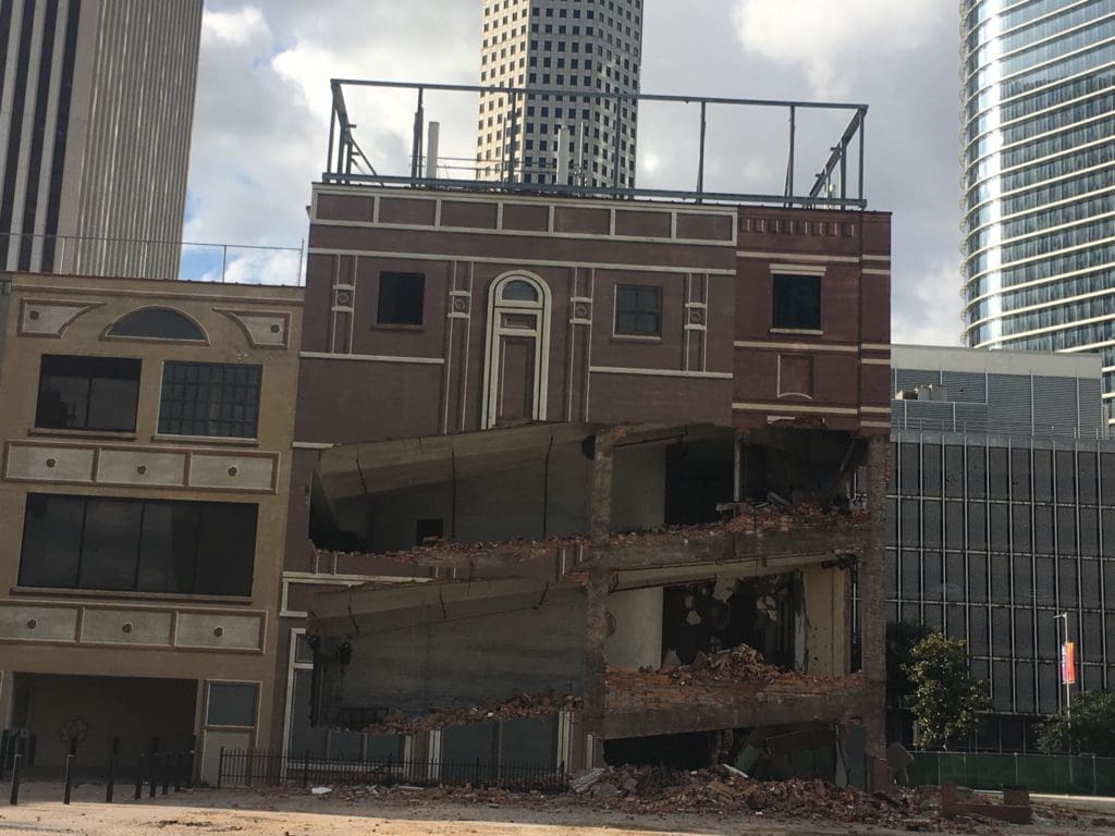 Chevron quickly started tearing down the historic building at 1621 Milam just days after Houston preservationists pushed to save it. (Photo by Annie Gallay.)