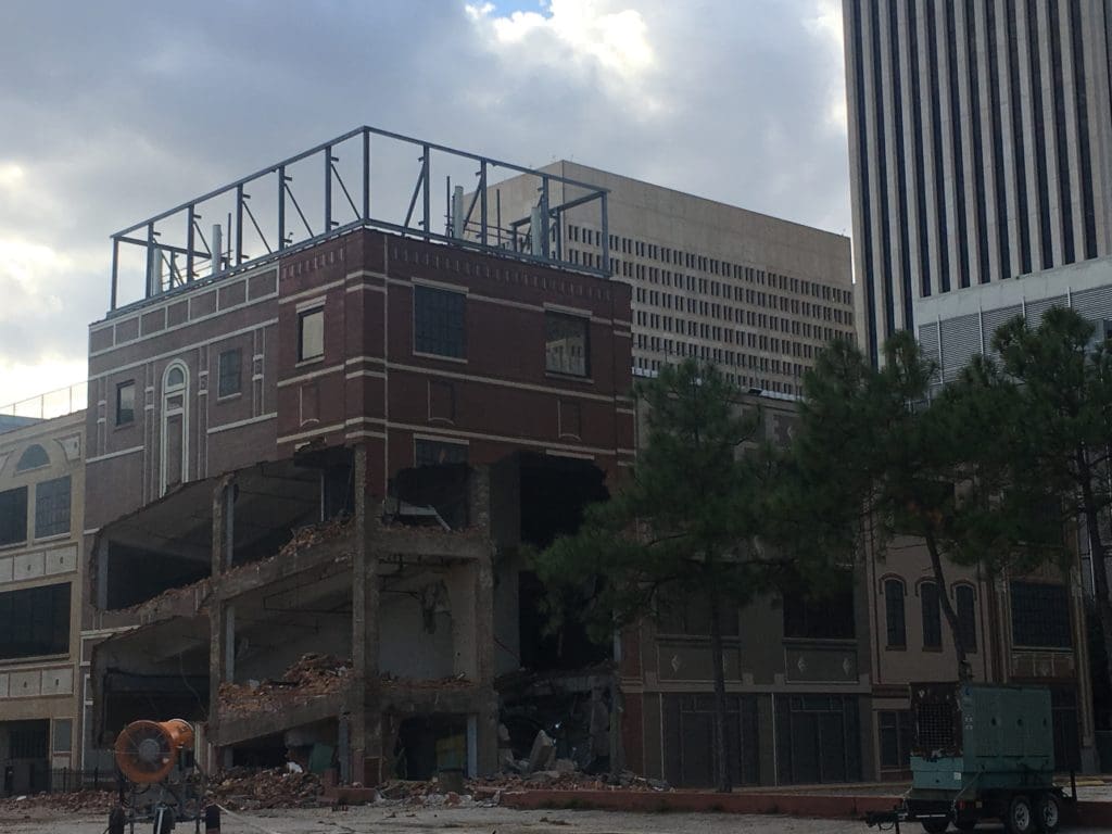 Demolition crews quickly moved in on 1621 Milam — and the historic near 100-year-old Houston building is already near halfway gone. (Photo by Annie Gallay.)