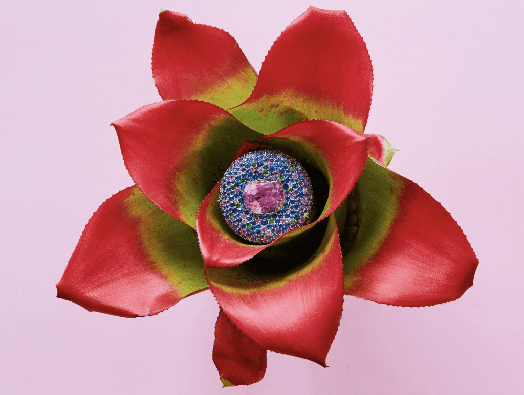 Large button earrings with centre kunzite surrounded by a myriad gemstones and diamonds in 18 karat white gold